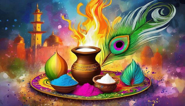 A collage of various symbols and images related to Holi, such as a bonfire, a lotus flower, a peacock feather, and a pot of milk