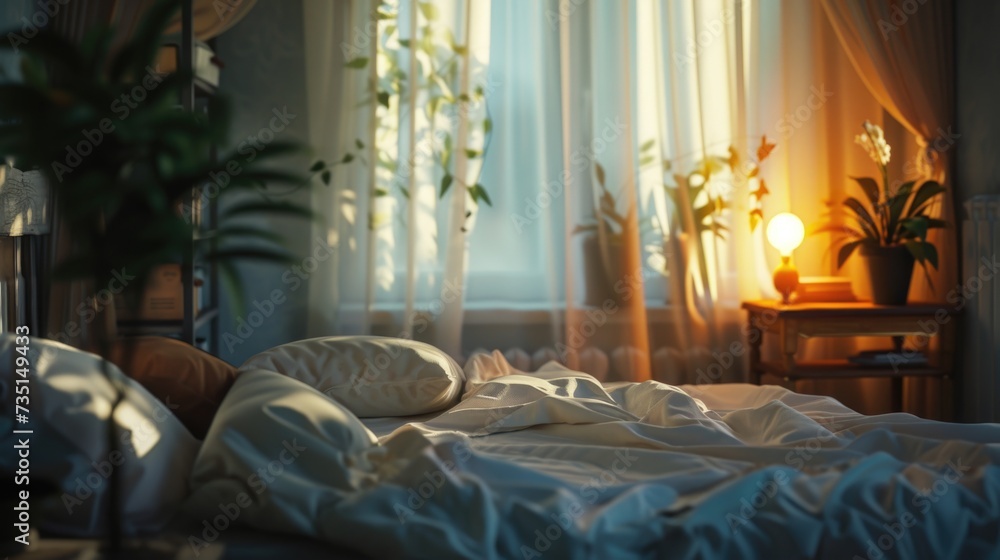 Poster an unmade bed with white sheets and pillows. perfect for showcasing a cozy bedroom or adding a touch