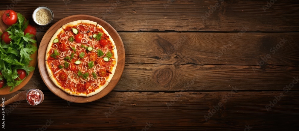 Poster top view pizza pasta with tomato sauce and salad bowl on rustic table. Creative Banner. Copyspace image