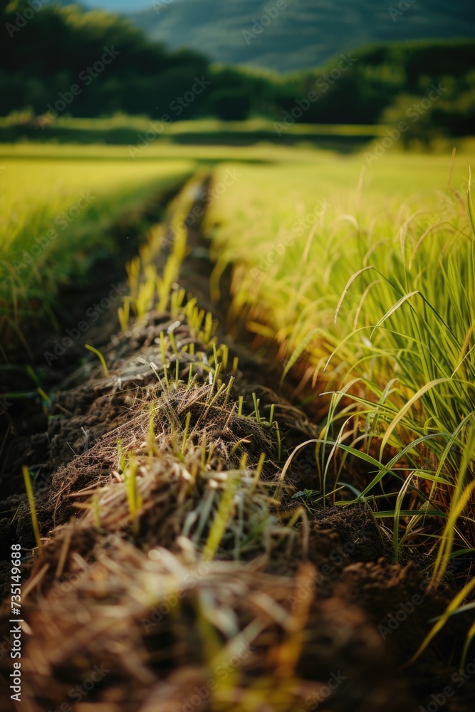 Poster A picture of a grass field with a dirt path running through it. Suitable for various outdoor themes and nature-related projects