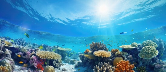 Fototapeta na wymiar Marine pollution on corals underwater in the tropical coral reef of the Red Sea. Creative Banner. Copyspace image