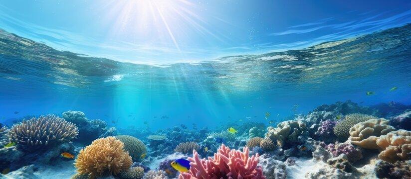 Marine pollution on corals underwater in the tropical coral reef of the Red Sea. Creative Banner. Copyspace image