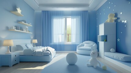 Fototapeta na wymiar Light blue modern comfortable spacious classic style kids bedroom with bed, lamps, furniture, shelves, armchair, toys and stars on walls