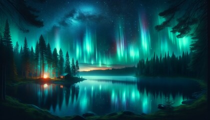 Mystic Aurora- Northern Lights over a Forest Lake