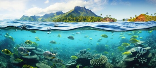 Tropical seascape over and under water island coastline and group of fish underwater Pacific ocean French Polynesia Oceania. Creative Banner. Copyspace image - obrazy, fototapety, plakaty
