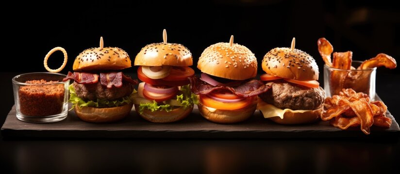 Small beef sliders grilled burgers onion rings little buns bacon served as appetisers for sharing. Creative Banner. Copyspace image