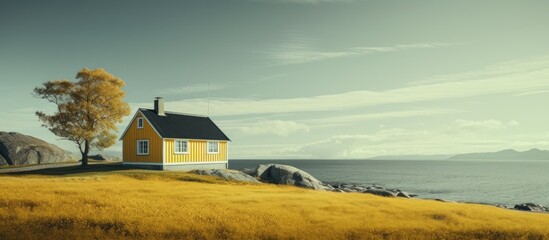 Wooden fisherman cabin on Lofoten Islands Norway Norwegian coast landscape with a typical yellow house. Creative Banner. Copyspace image - obrazy, fototapety, plakaty