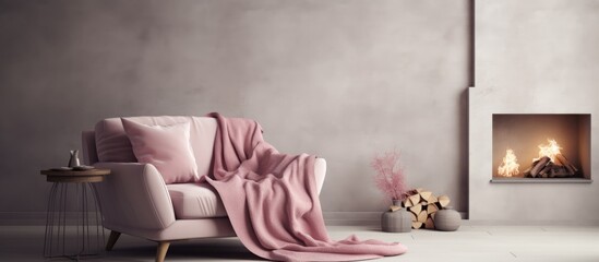 Pink blanket on grey armchair next to a fireplace in cozy living room interior with beige drapes and window. Creative Banner. Copyspace image