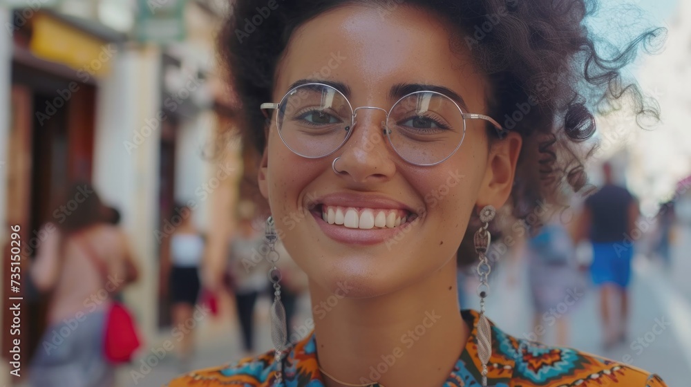 Poster A woman with glasses and a colorful shirt smiling. Perfect for adding a touch of joy and positivity to any project
