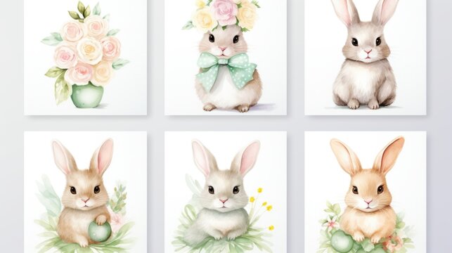 Four beautifully painted watercolor Easter cards featuring adorable bunnies and vibrant flowers. Perfect for sending heartfelt Easter wishes to loved ones.
