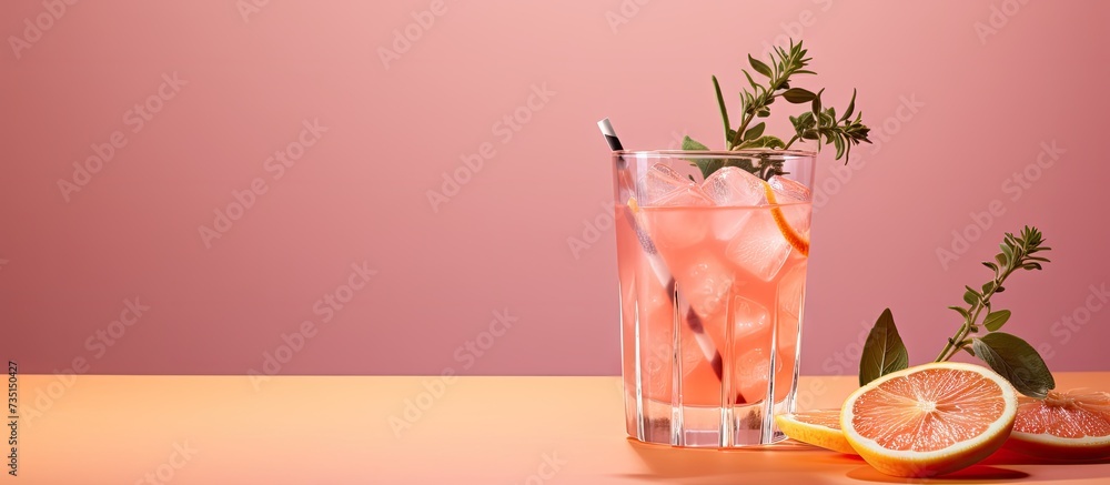 Poster mocktail paloma refreshing grapefruit cocktail with ice and thyme cocktail of fresh pink paloma. cre