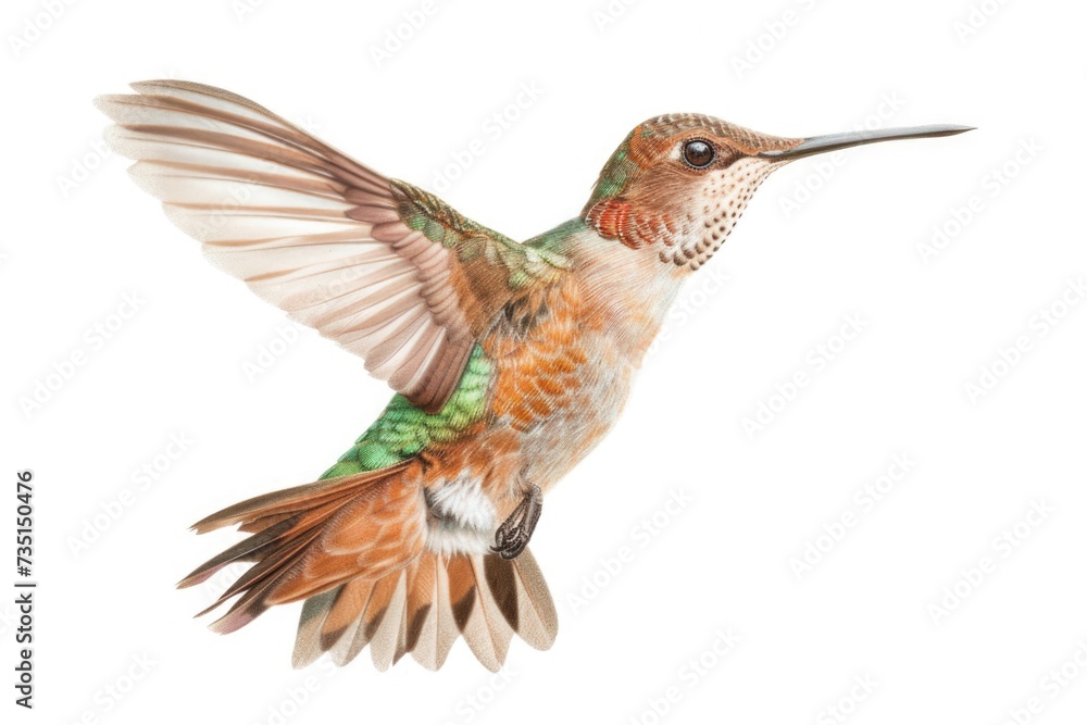 Poster a hummingbird captured in mid-air, with its wings spread. perfect for nature enthusiasts or those lo