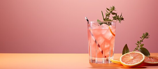 Mocktail Paloma Refreshing grapefruit cocktail with ice and thyme Cocktail of fresh pink Paloma. Creative Banner. Copyspace image