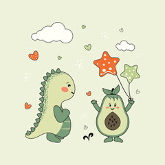 Cute dinosaur and funny avocado with balloons in a hand-drawn style. Vector design.