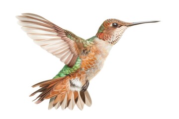 Fototapeta premium A hummingbird captured in mid-air, with its wings spread. Perfect for nature enthusiasts or those looking for a vibrant and dynamic image