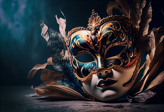 Carnival Mask on Stage, radiant background, spotlight, theatre. Generative AI