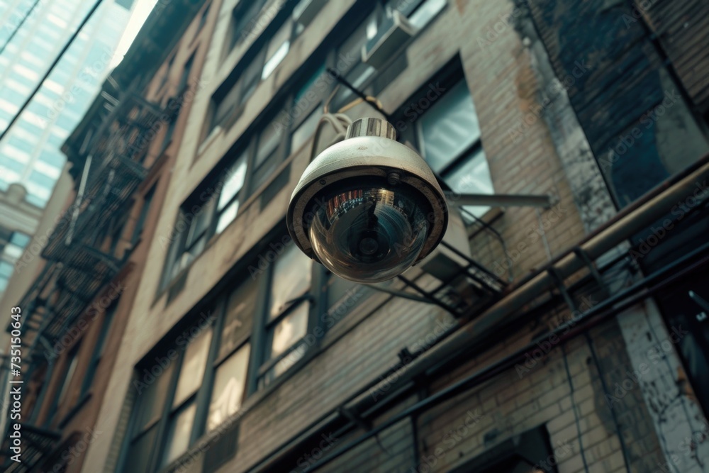 Poster a camera mounted on the side of a building. can be used for surveillance or monitoring purposes