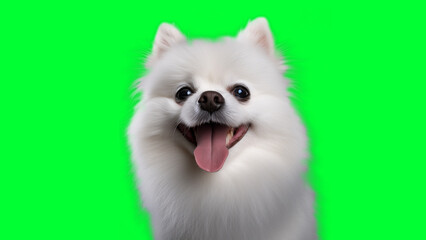 Obraz premium Portrait photo of smiling Pomeranian on green background