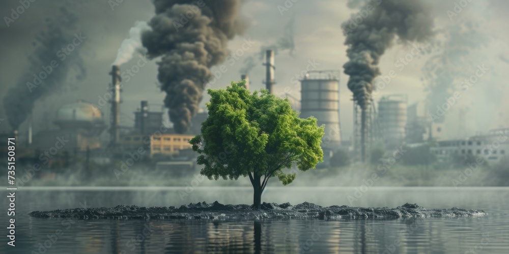 Poster a picture of a tree standing in the middle of a body of water. suitable for nature and landscape the