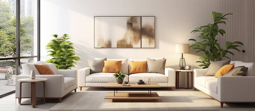 Modern interior design living room in small apartment. Creative Banner. Copyspace image