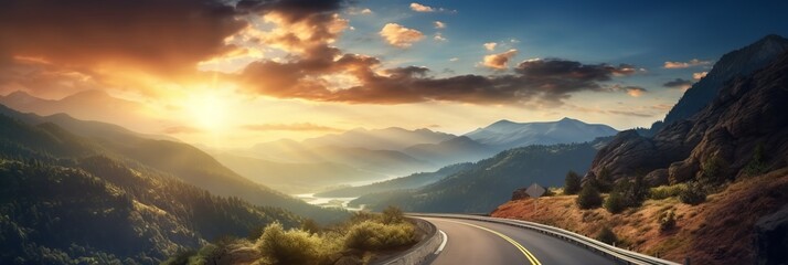 A curvy road winds through the mountains in sunset - obrazy, fototapety, plakaty
