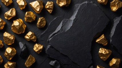 gold nuggets on black stone background