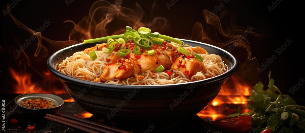 Aufkleber spicy chicken soup in a soup bowl with scallion and fried noodles. creative banner. copyspace image
