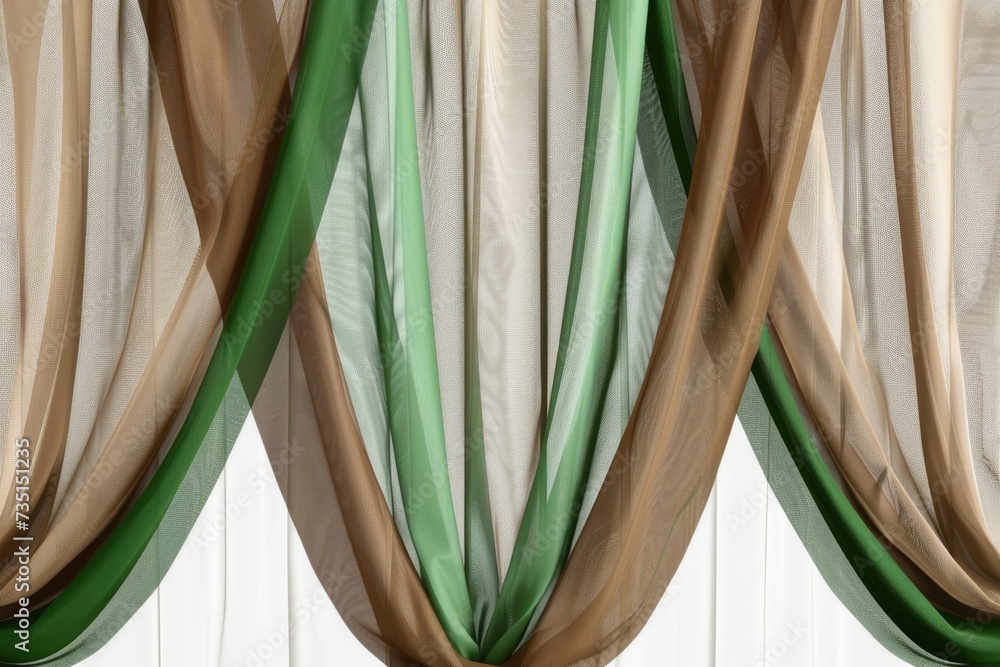 Poster A close-up view of a curtain adorned with green and brown ribbons. Perfect for adding a touch of elegance to any interior design project or event decoration