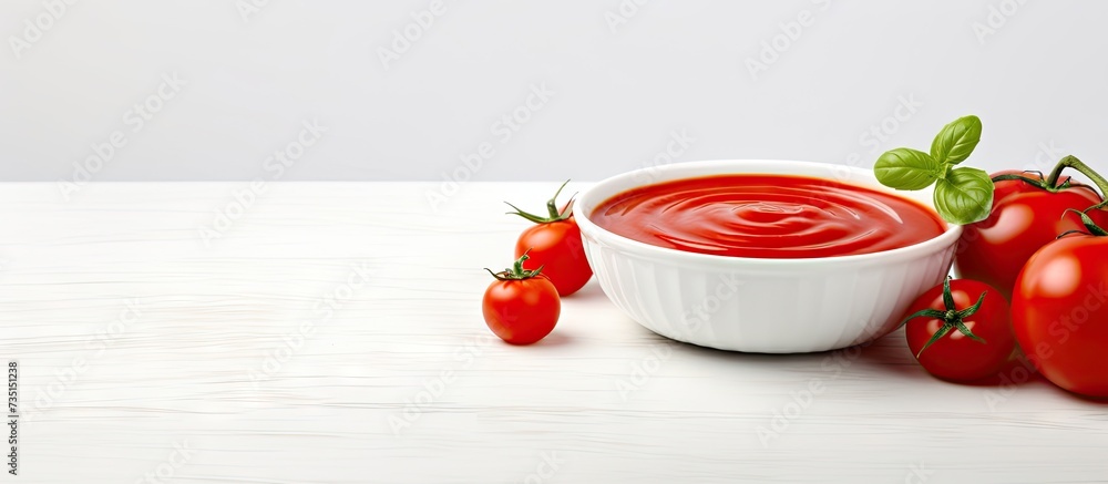 Aufkleber tomato sauce in white bowl and on a table. creative banner. copyspace image