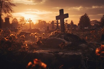 Abandoned cemetery with stone crosses and wild flowers, evening beautiful sunset