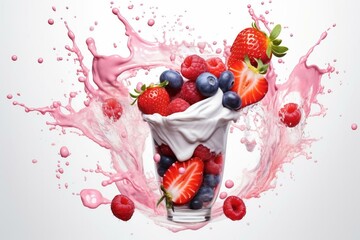 Splash with strawberry and raspberry. Healthy breakfast meal design with milk, yogurt, cream, and berries. Milkshake ingredients. Generative AI