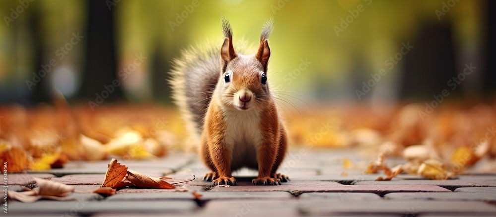 Poster squirrel sits on the asphalt in an autumn park and waits for a nut. creative banner. copyspace image