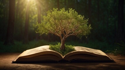 a green tree growing from a book, book of knowledge concept
