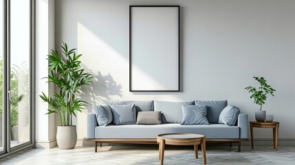 Fototapeta premium an empty picture frame hangs on the coloured wall in a modern room