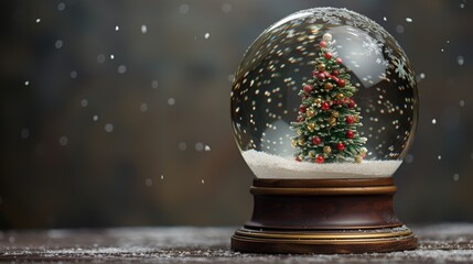 Fototapeta na wymiar Glass Snowball with trees. Xmas winter Glass snow globe. Horizontal Christmas banner, web poster, header cap for website. Merry Christmas, Happy New Year. Festive beautiful background. generative ai
