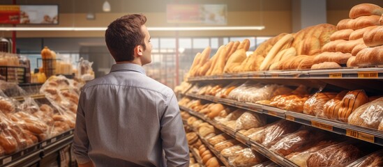 Smiling customer is happy about the bread assortment in the bakery shop in the supermarket. Creative Banner. Copyspace image - obrazy, fototapety, plakaty