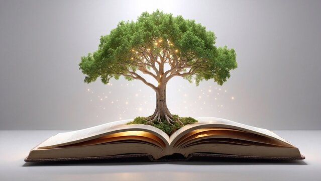 tree growing from an open book, symbolizing the book of knowledge concept