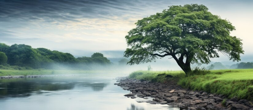 Misty morning Rural landscape Tree on the river bank. Creative Banner. Copyspace image