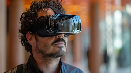 A man wearing on his eyes VR Headsets, Smart Glasses new technology, a mixed-reality headset, close-up shot of a man in his virtual reality interacting through eye-glasses.