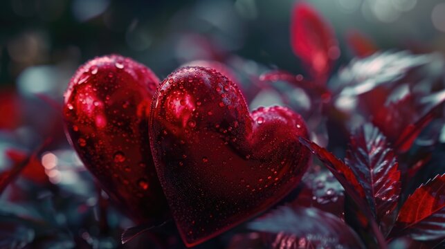 Two red hearts resting on a plant. Perfect for expressing love and affection. Can be used for Valentine's Day cards, romantic social media posts, or wedding invitations