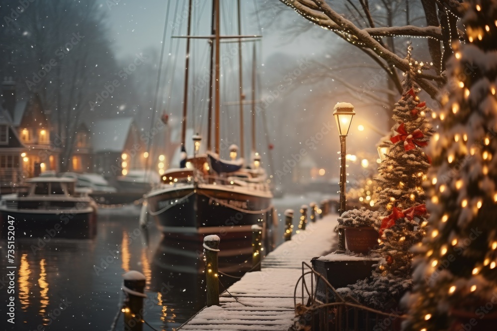 Wall mural A boat is docked in a snowy harbor. This picture can be used to depict winter scenes or transportation in cold climates