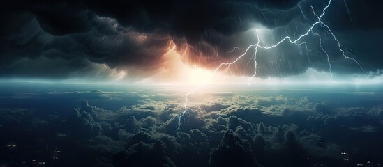 Upward Lightning from a Cumulonimbus thundercloud From the anvil of a thunderstorm lightning bolts shoot upwards into the stratosphere. Creative Banner. Copyspace image