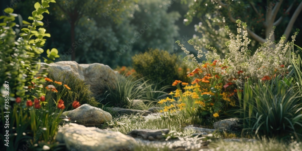 Poster A beautiful garden filled with a variety of colorful flowers and scattered rocks. Perfect for adding a touch of nature to any project or design