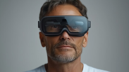 A man wearing on his eyes VR Headsets, Smart Glasses new technology, a mixed-reality headset, close-up shot of a man in his virtual reality interacting through eye-glasses.