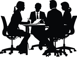 Silhouette office employees discussing at work desk black color only