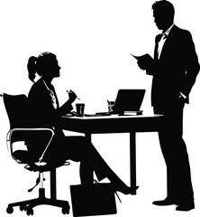 Silhouette office employees discussing at work desk black color only