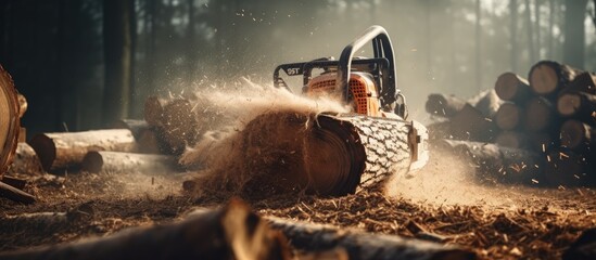 Worker cuts a felled tree trunk with a chainsaw A felled tree trunk is sawn by a lumberjack slow motion shot Deforestation forest cutting concept. Creative Banner. Copyspace image - obrazy, fototapety, plakaty