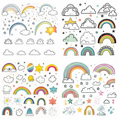clipart set evenly spaced white background digital, pattern with rainbow