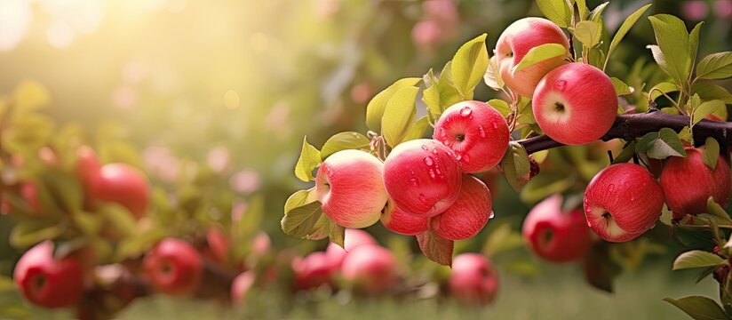 Many red apples in summer garden ready to be harvested. Creative Banner. Copyspace image