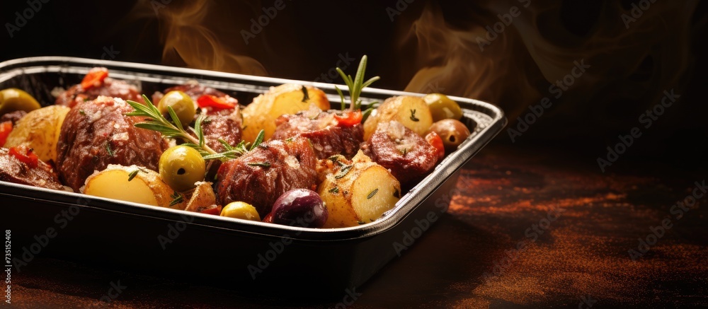 Poster tasty smashed potatoes with olives and meat in the box. creative banner. copyspace image